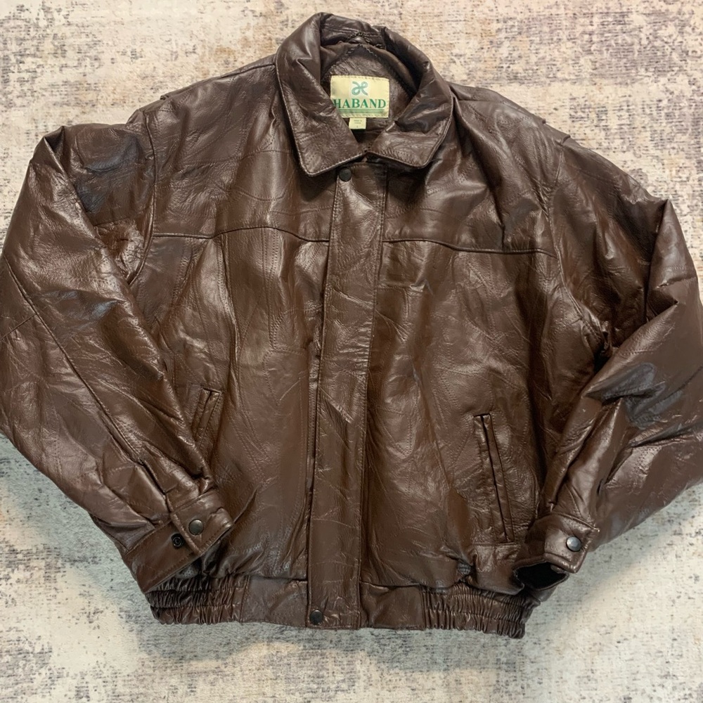 RARE Vintage HABAND BROWN LEATHER JACKET Size L Insulated Linned Coat